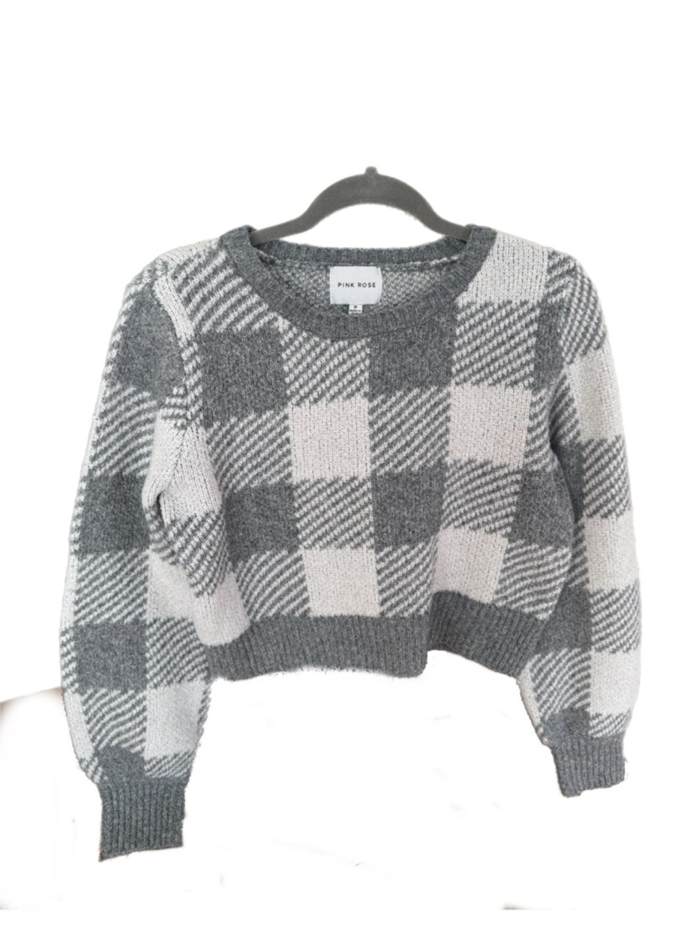 Pink Rose Gray & White Plaid Cropped Crewneck Sweater